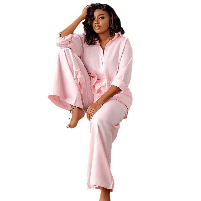 Vireous Long-Sleeve Shirt and Wide-Leg Pants Casual Loose Two-Piece Suit