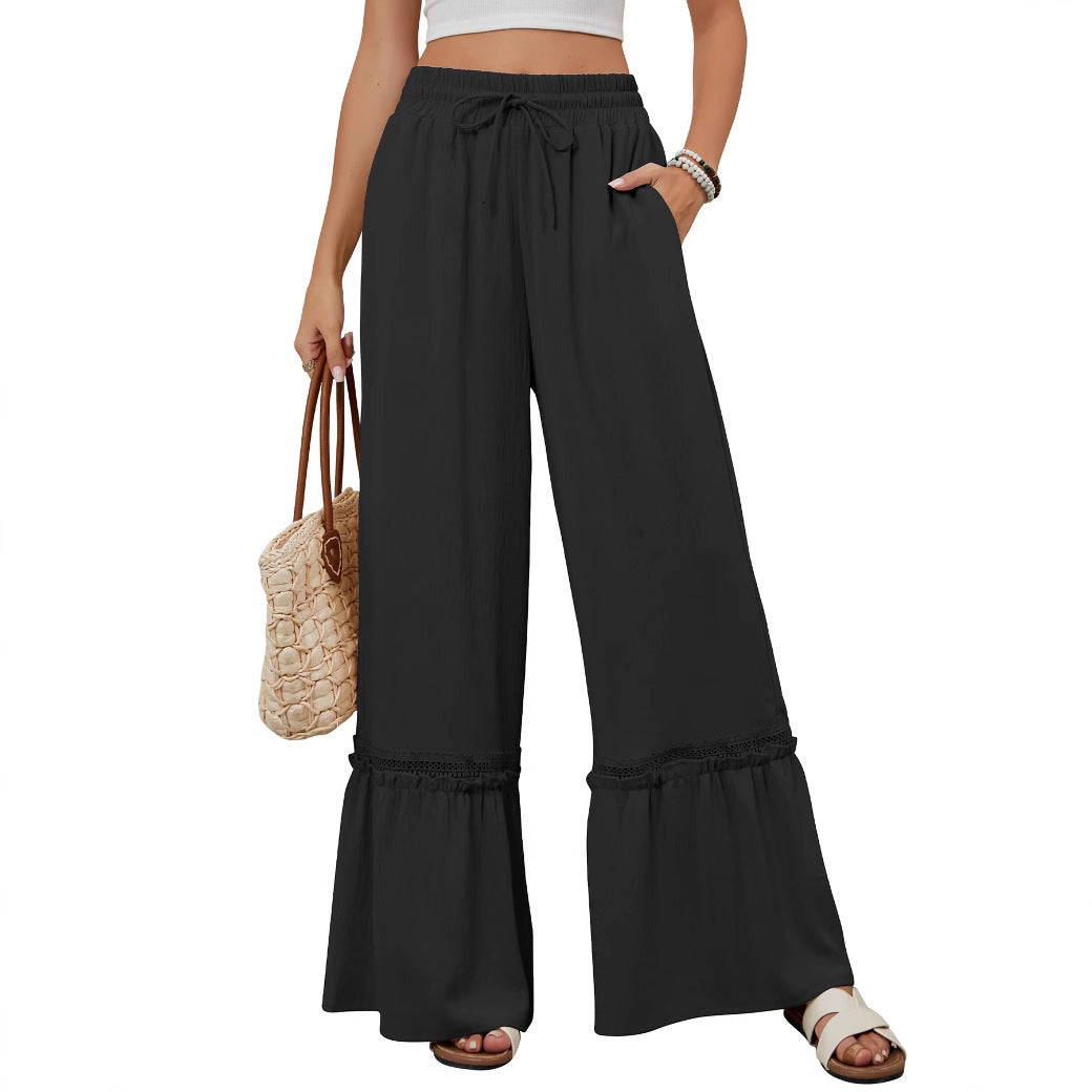 High-Waist Casual Pants, Women's Drawstring Wide-Leg Trousers