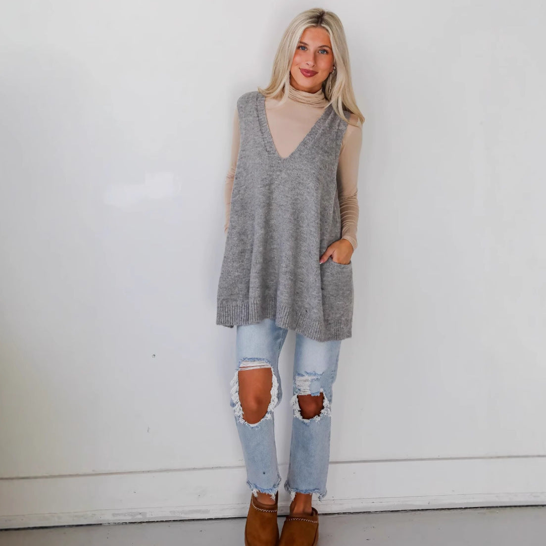 Women's Woollen Casual Vest Skirt with Pockets, Multicolours