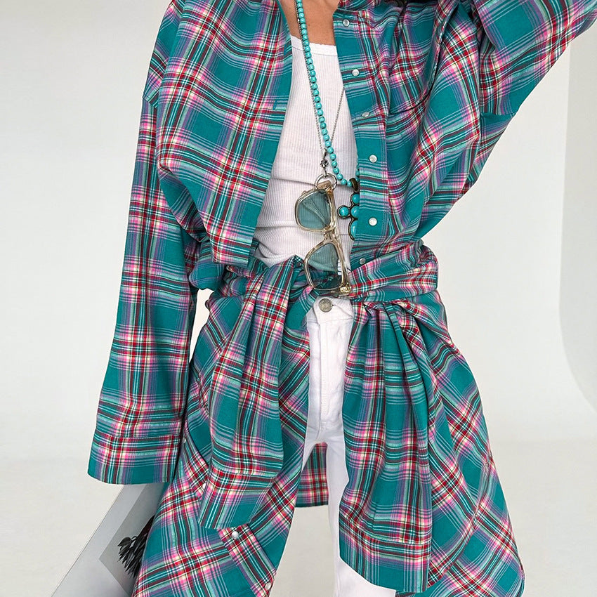 Women's Retro Classic Very Long Plaid Summer Shirt