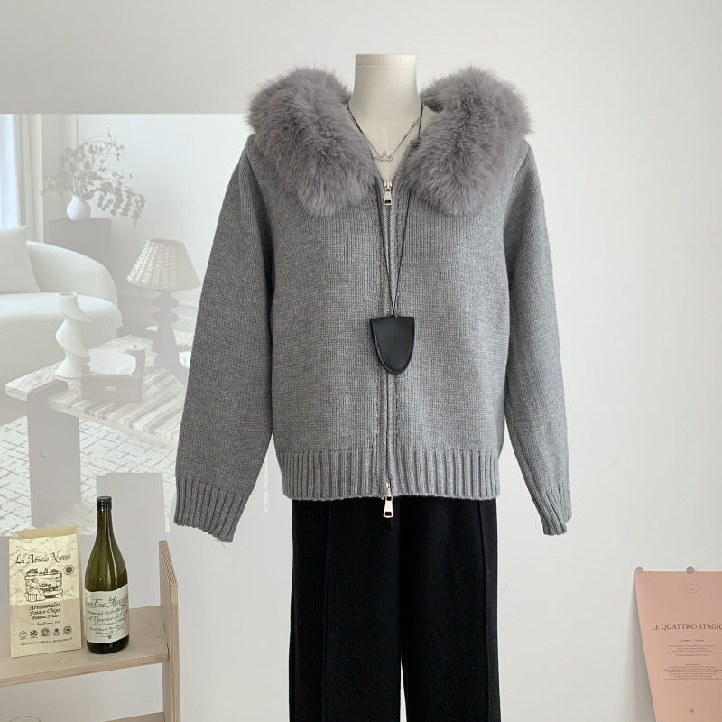 Vireous Fur Hooded Short Women's Fashion Knitted Cardigan
