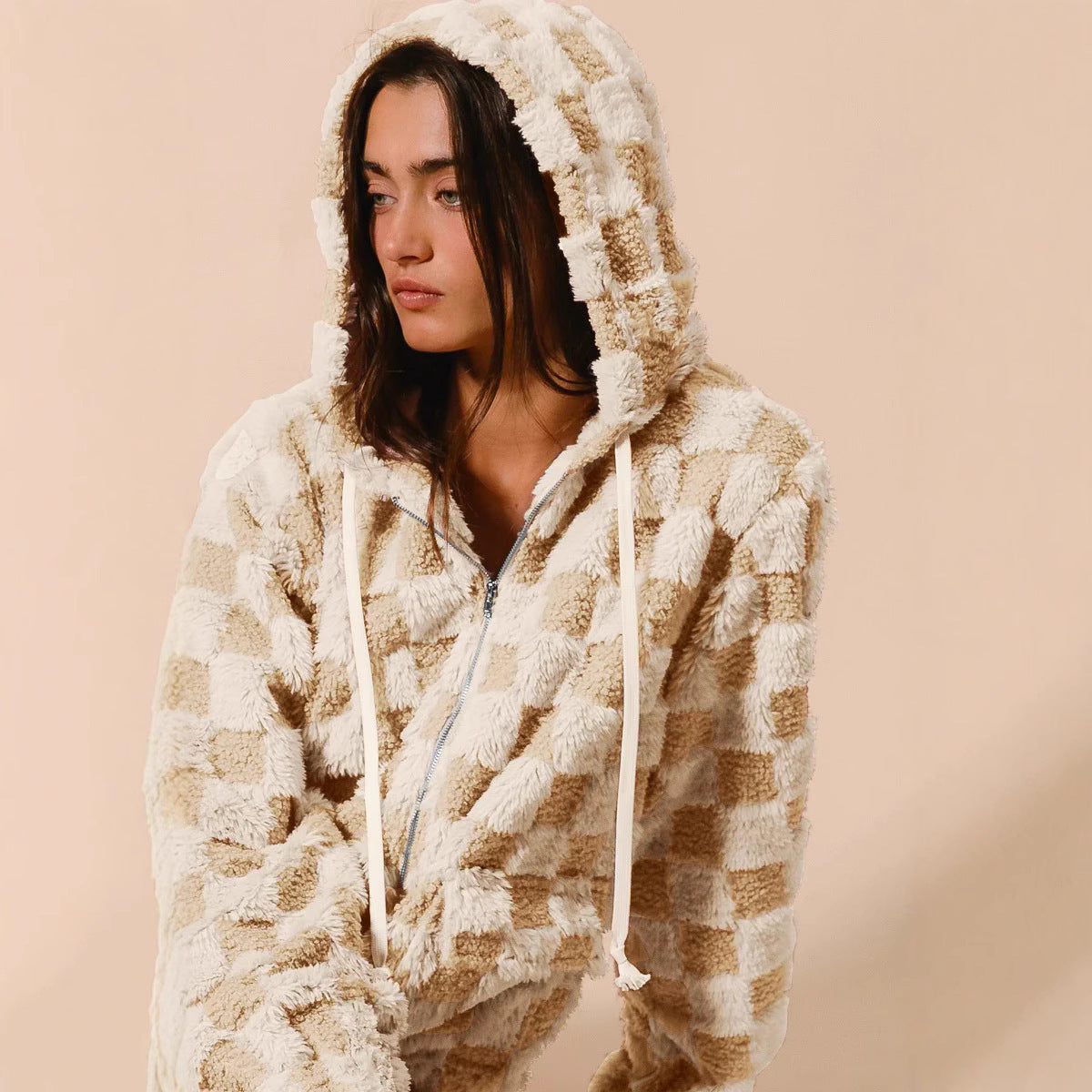 Women's Plaid Zipper Cardigan Plush Hoodie
