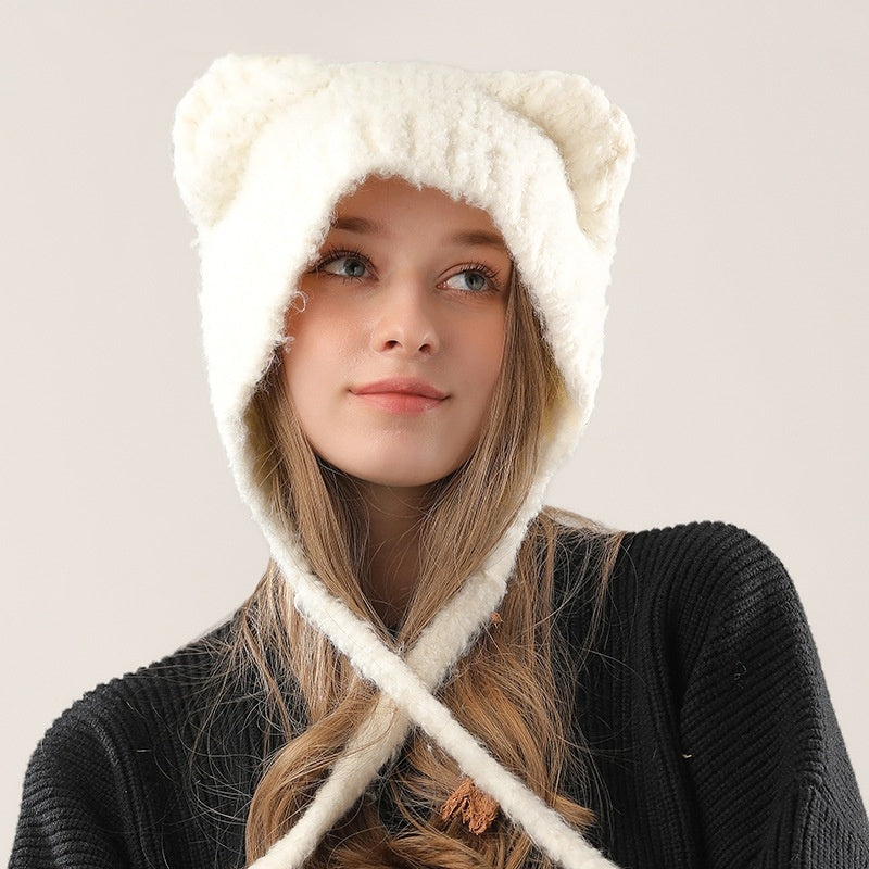 Cute Bear Ears Women's Knitted Hat with Earmuffs