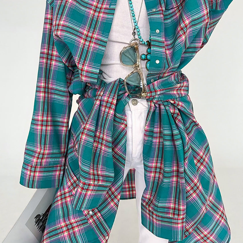 Women's Retro Classic Very Long Plaid Summer Shirt