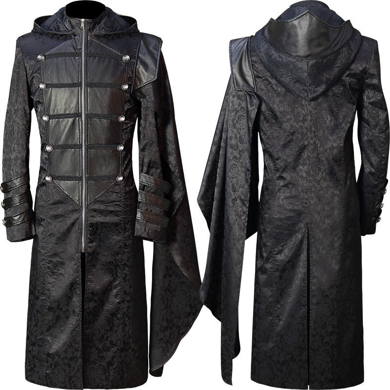 Black Unisex Leather Punk Gothic, Military-Style Cape Coat