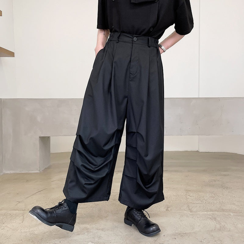 High Street Trendy, Dark Pleated Cropped Stage Wear Casual Unisex Pants