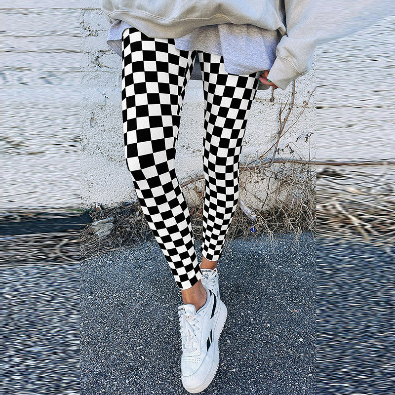Fashion Trend Printed Black and White Checkerboard Leggings