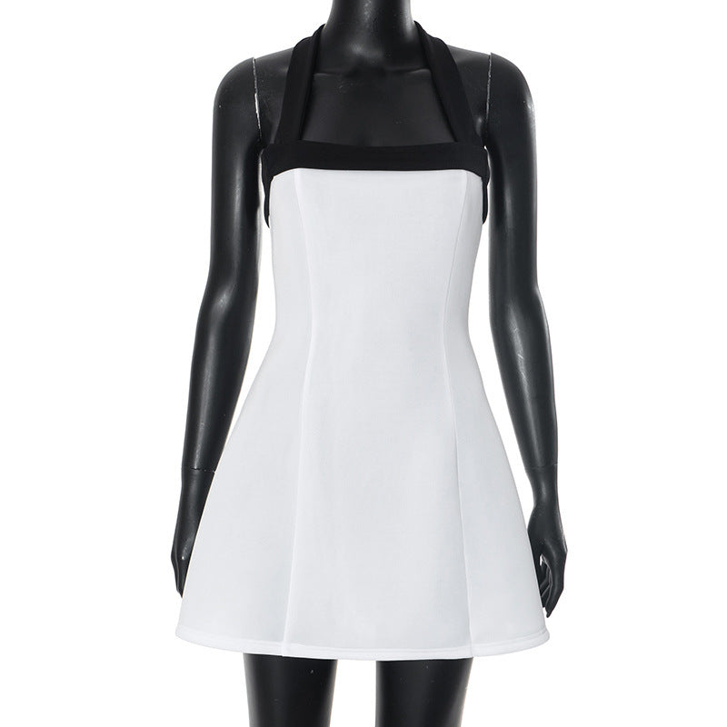 Sexy Black Halter Off-Shoulder Colour Contrast Mini Dress