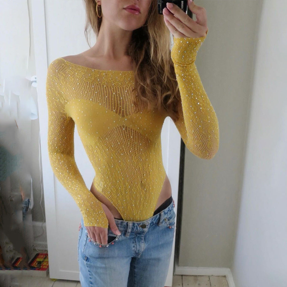 Women's Jumpsuit,Tight High Elastic Knitted Sheer Long Sleeves
