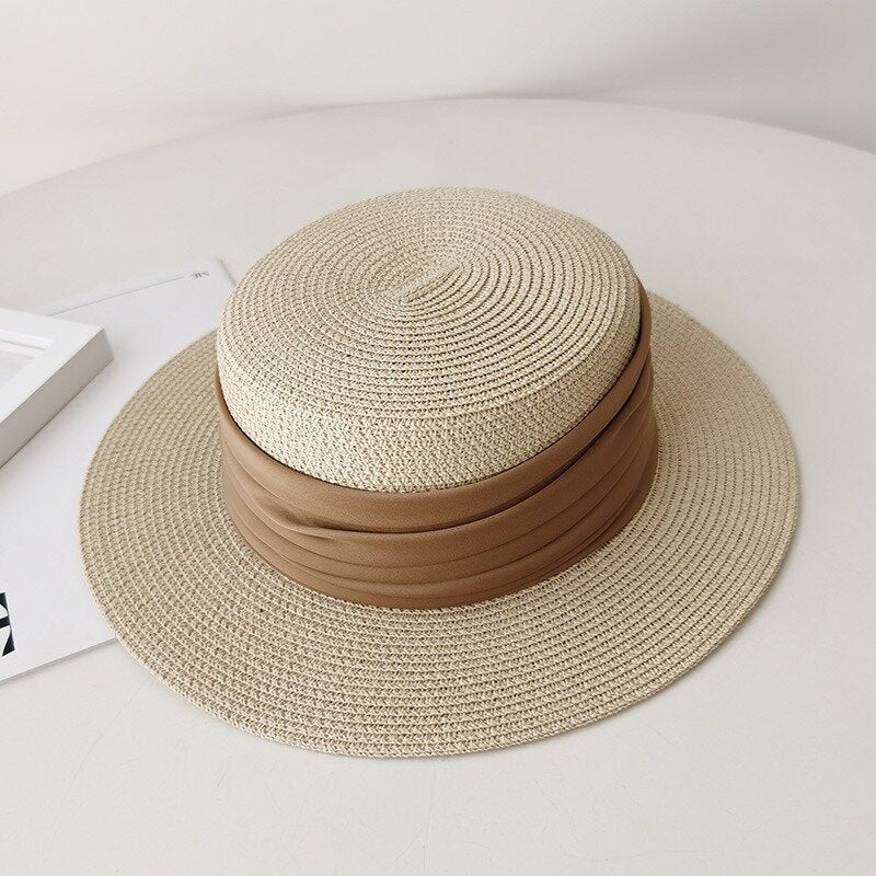 Flat Straw Hat, Women's French Woven 'Top Hat', Seaside Summer Travel Brimmed Hat