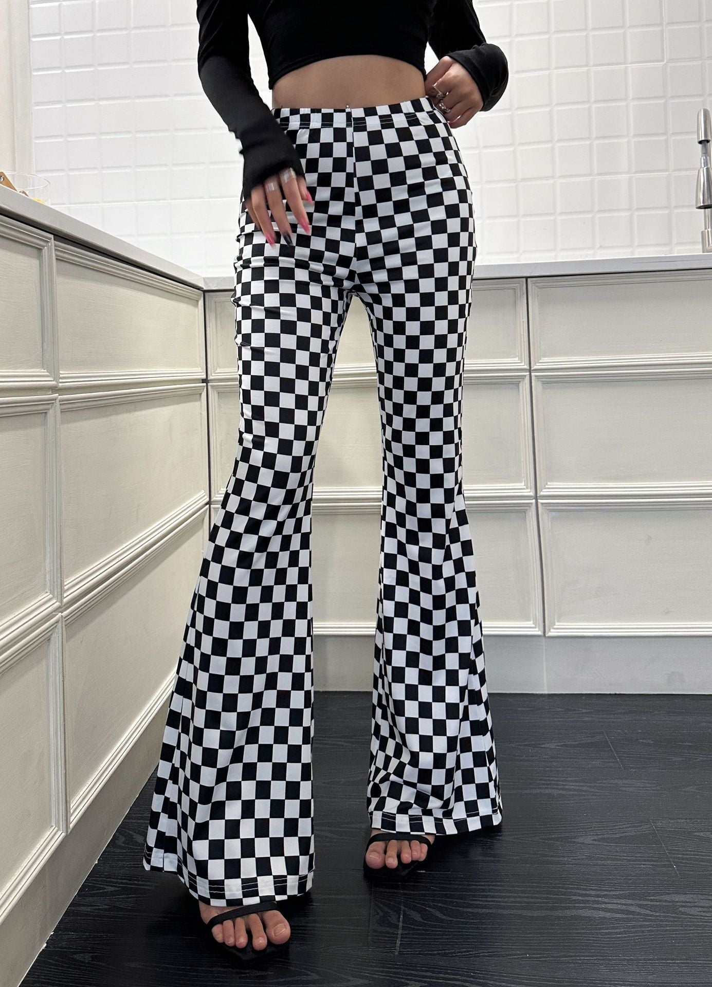 Checkerboard Flare Pants, Women's Fitness Casual Pants