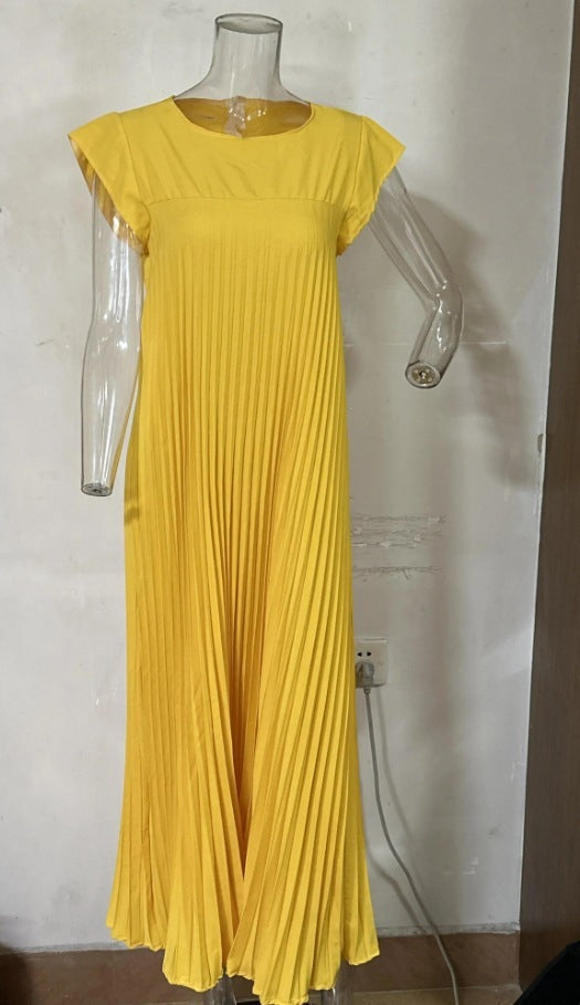 Vireous Sleeveless Pleated Long Dress Round Neck, Multi Colours