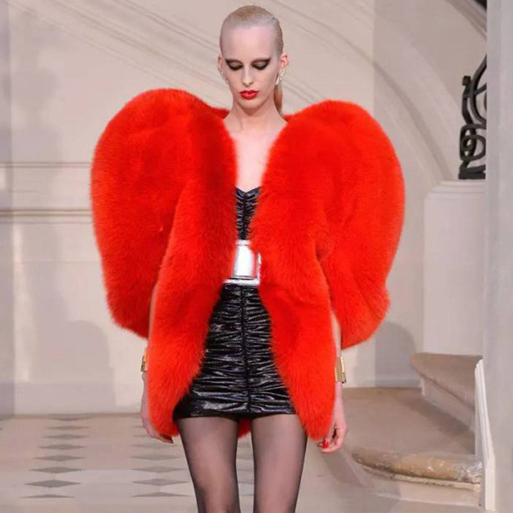 Women's Avant Garde Faux Fur Red Wrap Coat, Catwalk Collection