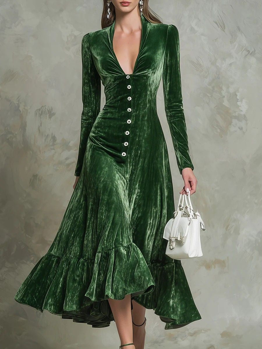 Buttoned Vintage Lapel Long-Sleeve Semi-Formal Velvet Dress