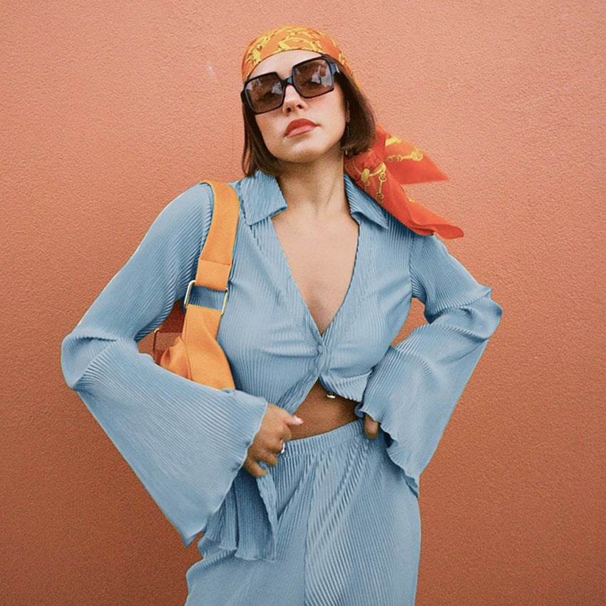 Long-Sleeve Woollen Fine RIb Knit Women's Pant Suit