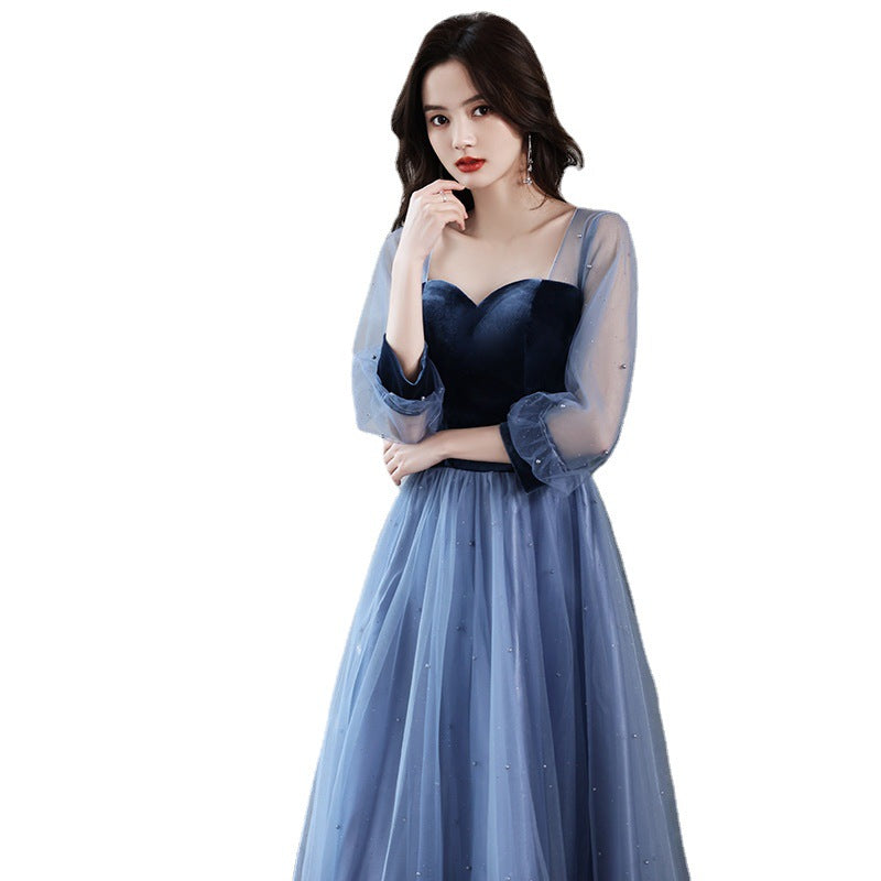 Vireous Velvet, Mesh Sleeves Long Birthday Party Dress