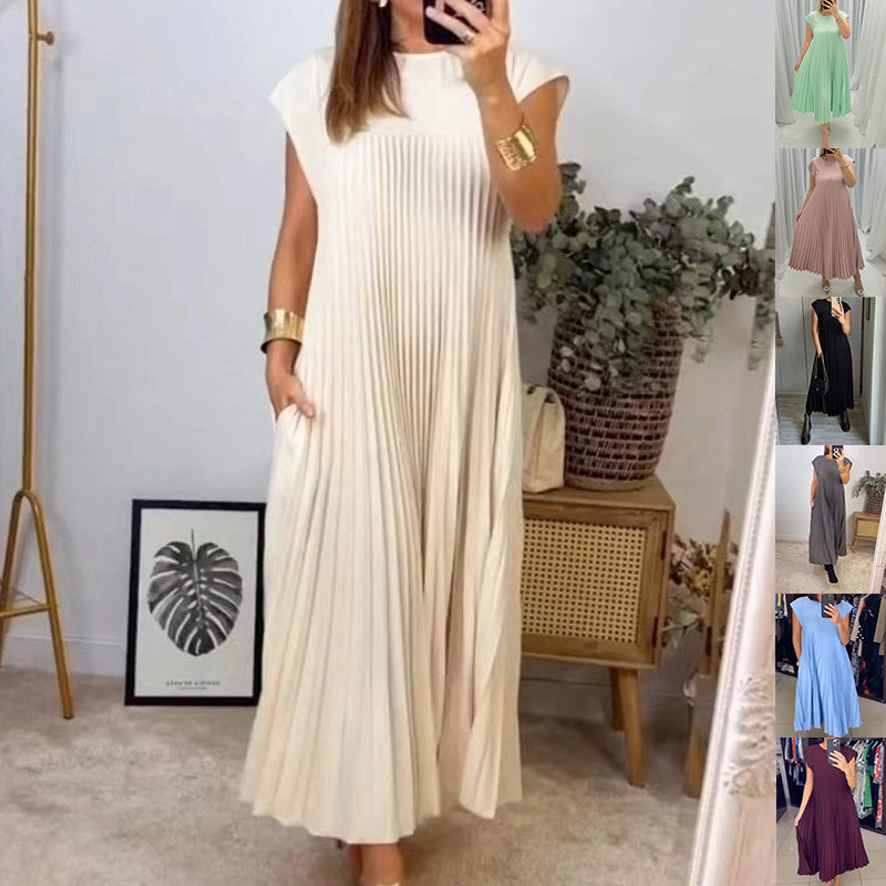 Vireous Sleeveless Pleated Long Dress Round Neck, Multi Colours