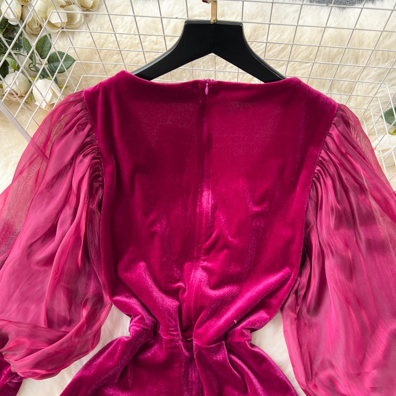 Vireous Vintage Velvet Dress, Lantern Sleeves Court-Style Midi Dress