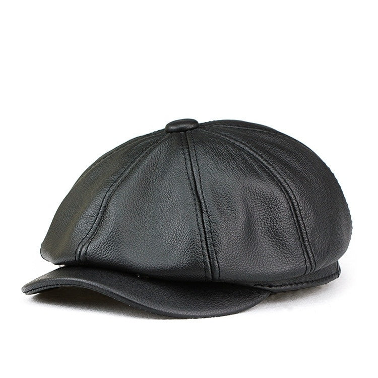 British Cowhide Leather Octagonal Cap, Unisex Peaked Cap