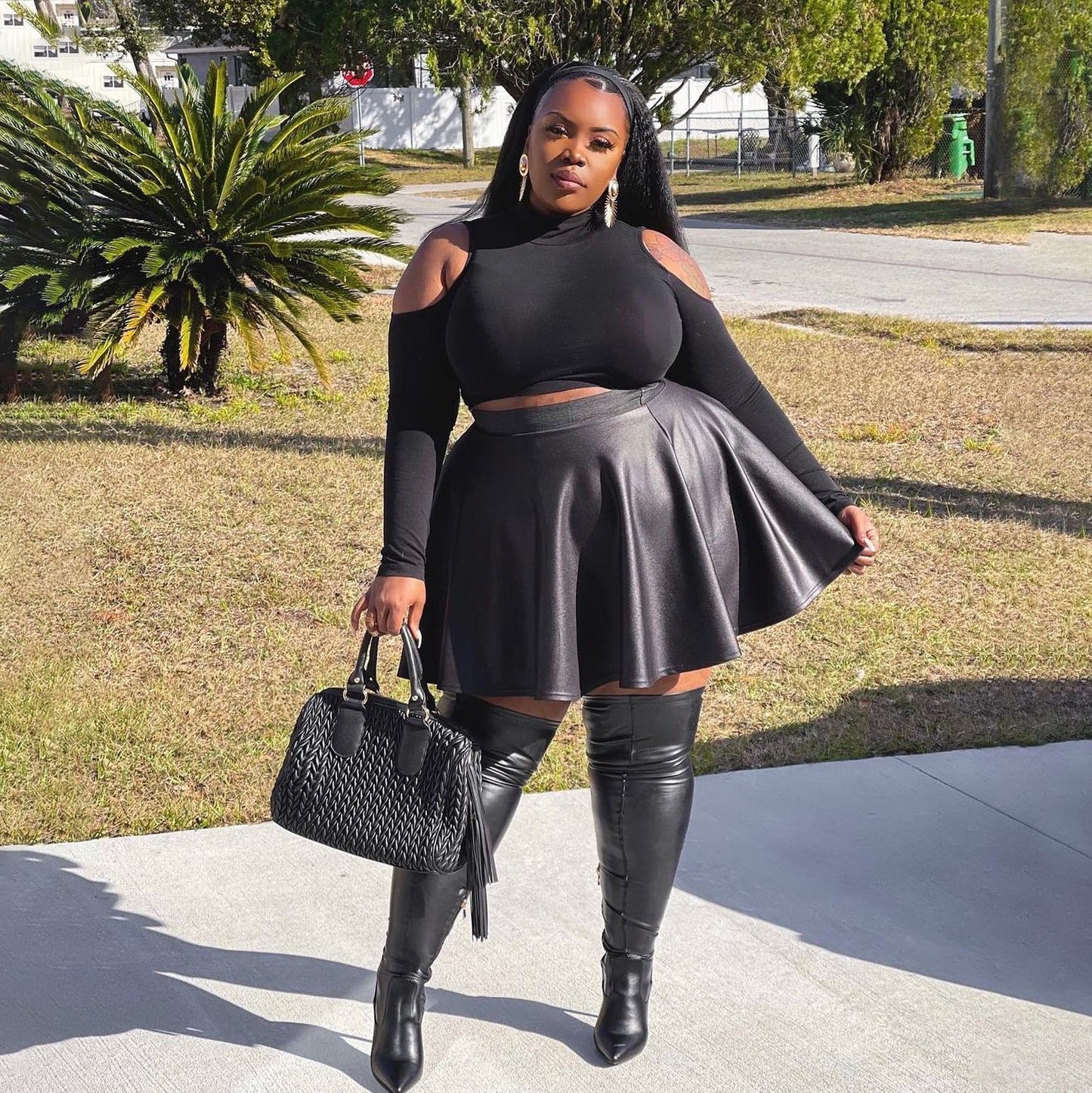 Solid Colour Leather Plus-Size Women's Skirt