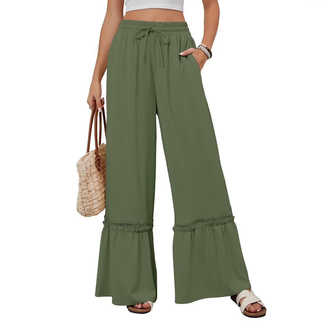 High-Waist Casual Pants, Women's Drawstring Wide-Leg Trousers