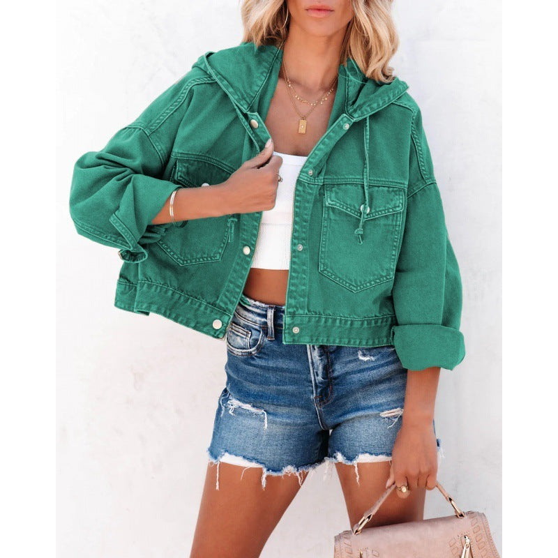 Casual Trend Women's Hooded Washed Denim Jacket, Multi Colours