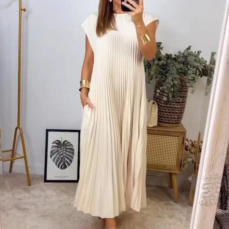 Vireous Sleeveless Pleated Long Dress Round Neck, Multi Colours