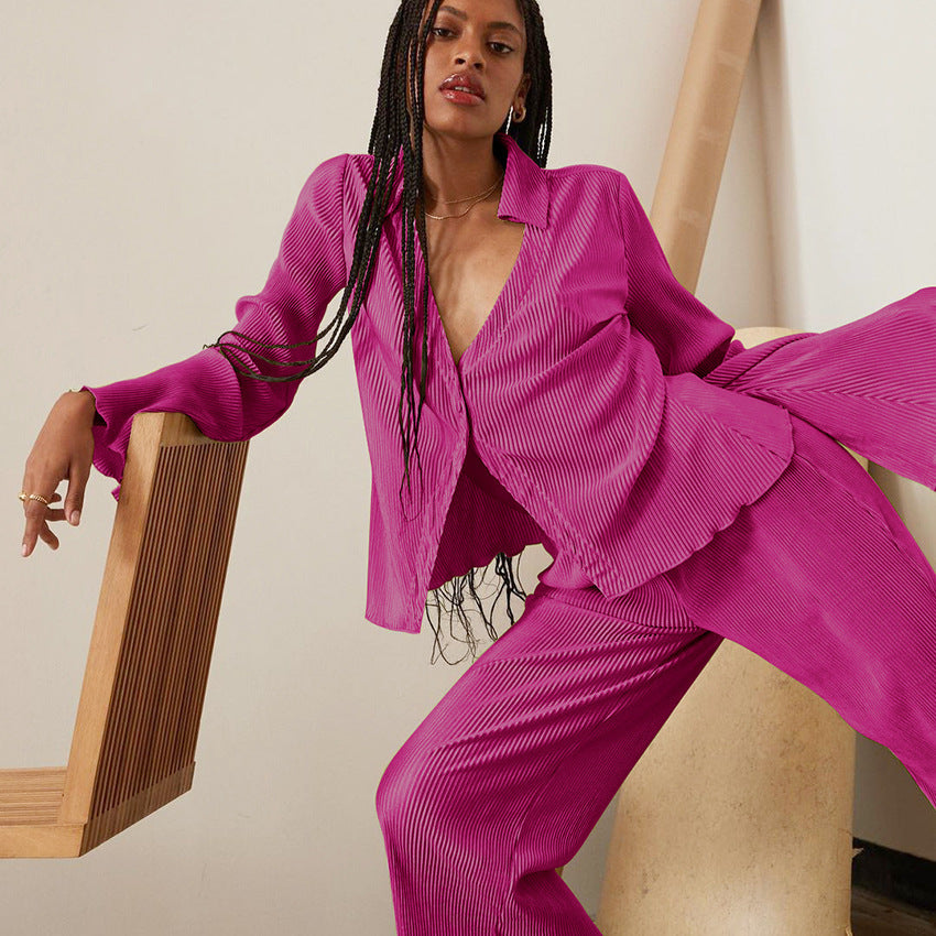 Long-Sleeve Woollen Fine RIb Knit Women's Pant Suit