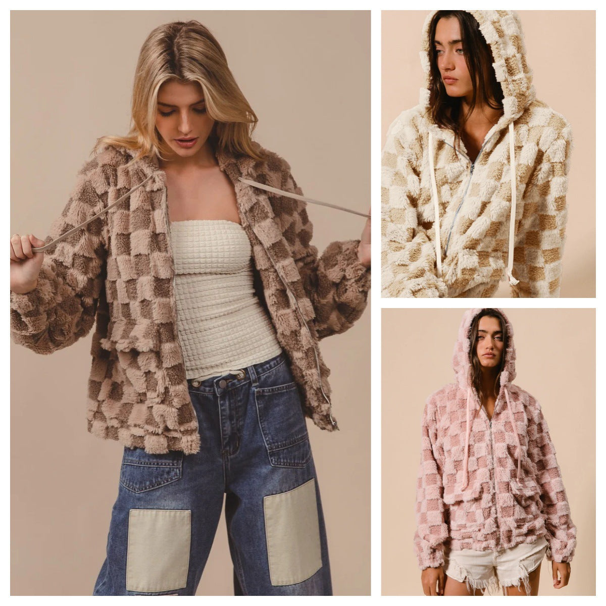 Women's Plaid Zipper Cardigan Plush Hoodie
