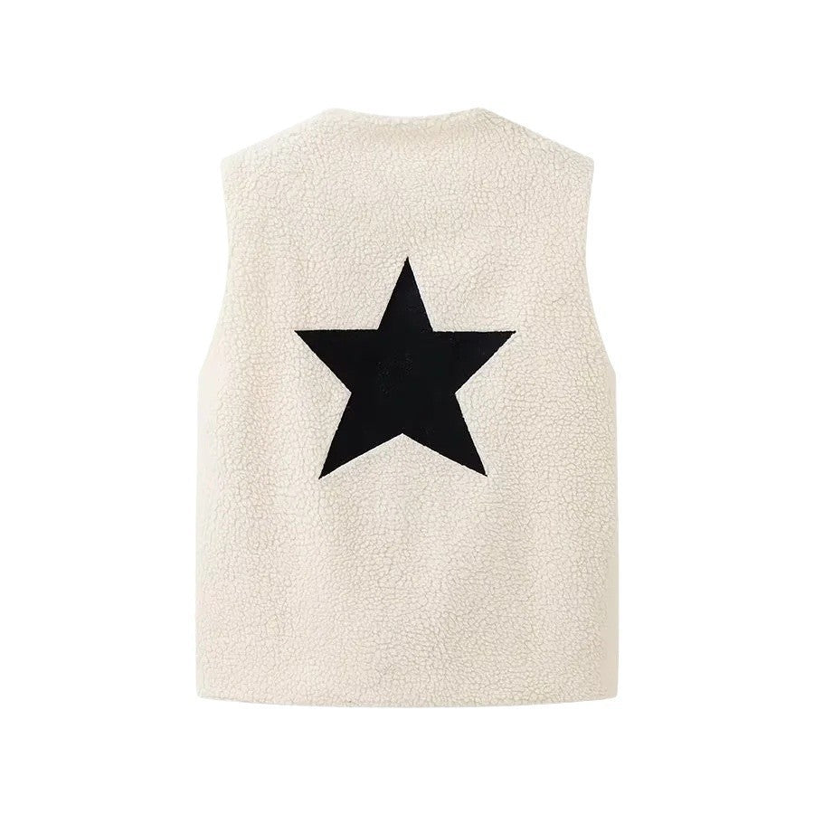 Women's Loose Lamb Wool Round-Neck Vest Top Gilet, Star Design