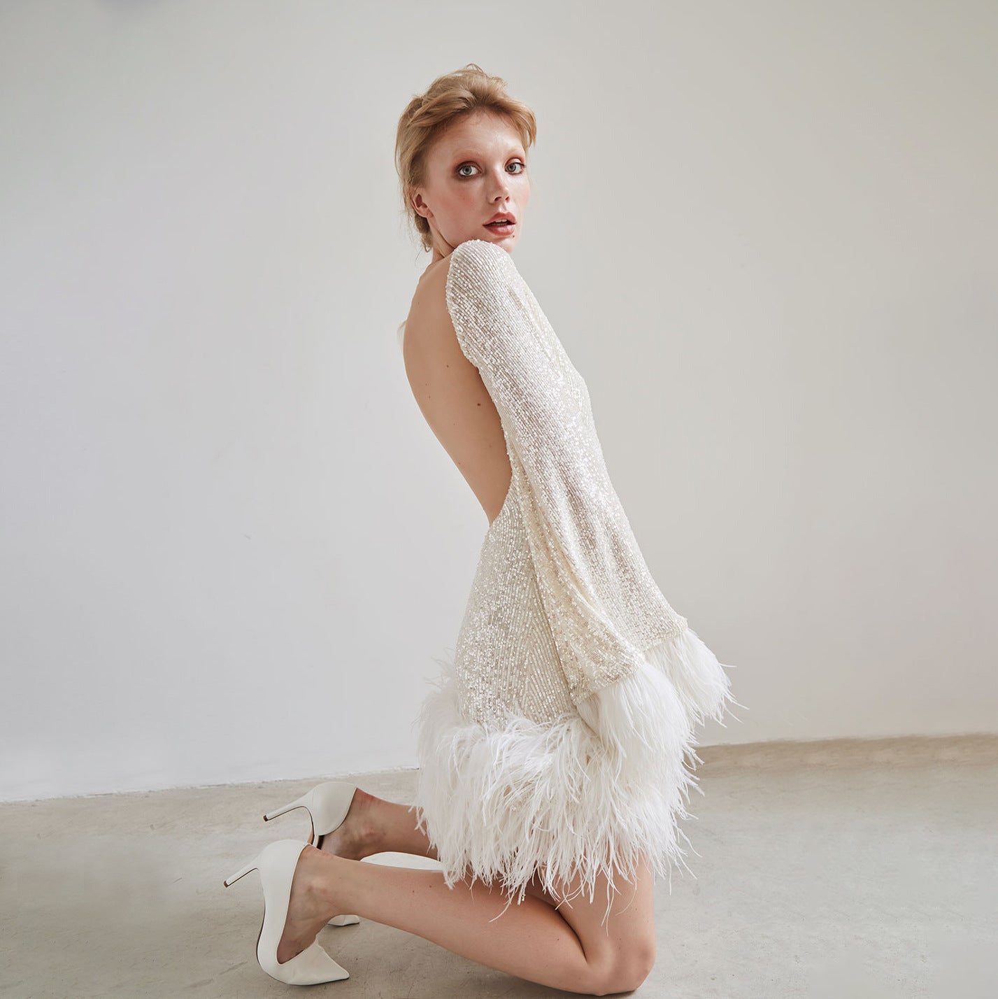 Women's Bare Back Long-Sleeve Sequin Feather Dress