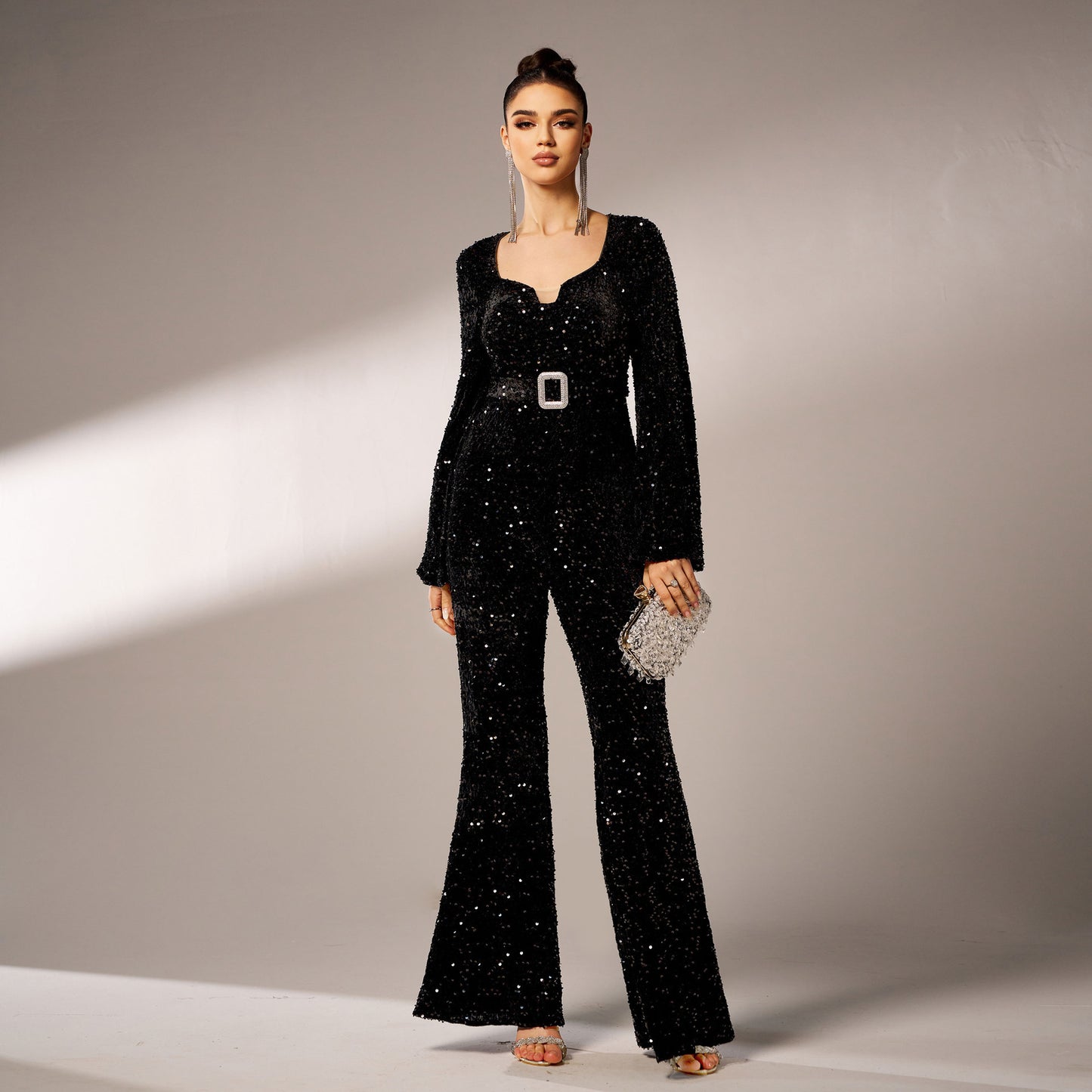 Long Sleeve Square-Neck Sheath Evening Sequined Jumpsuit