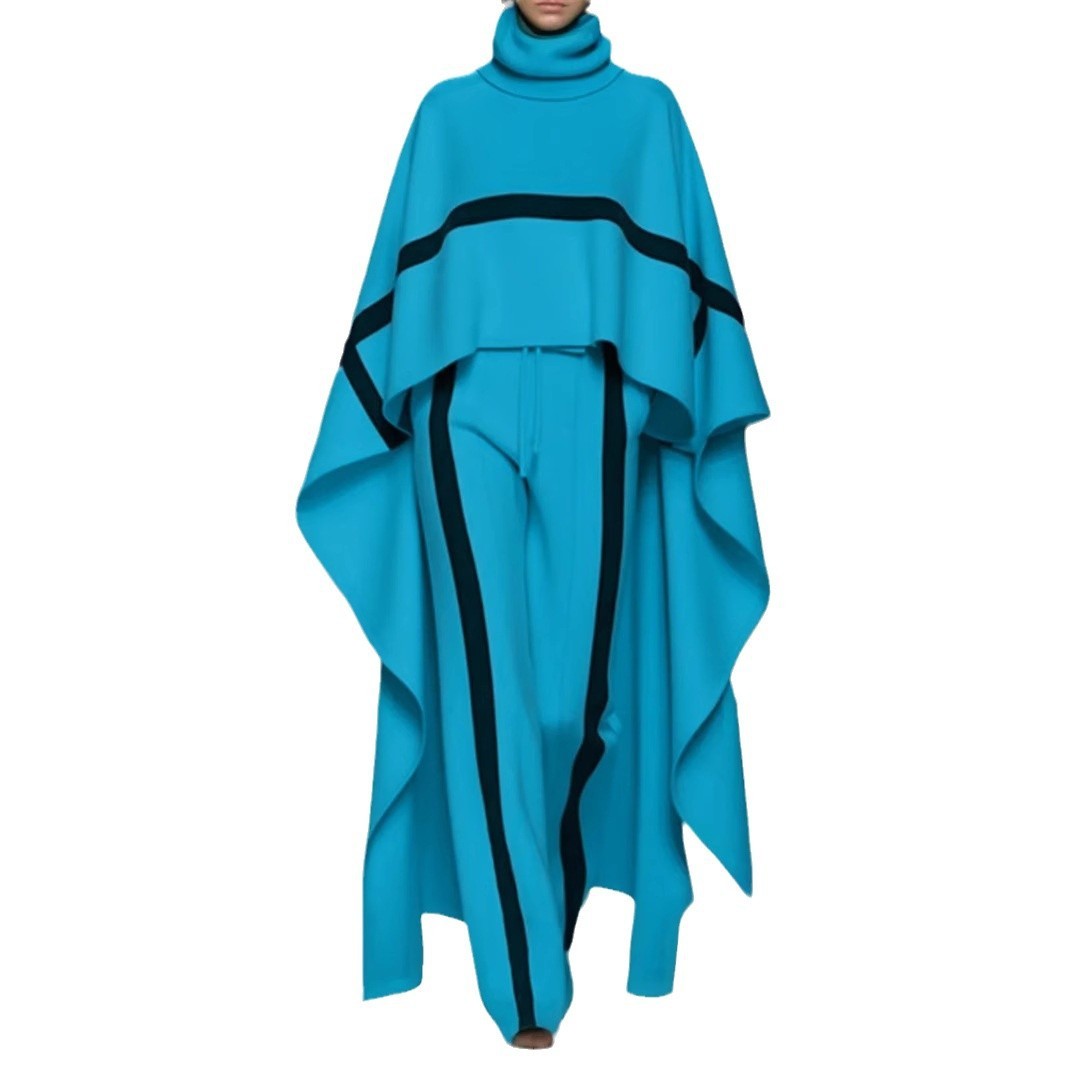 Loose Shawl Women's Cloak Turtleneck Pants Suit, Plus Sizes