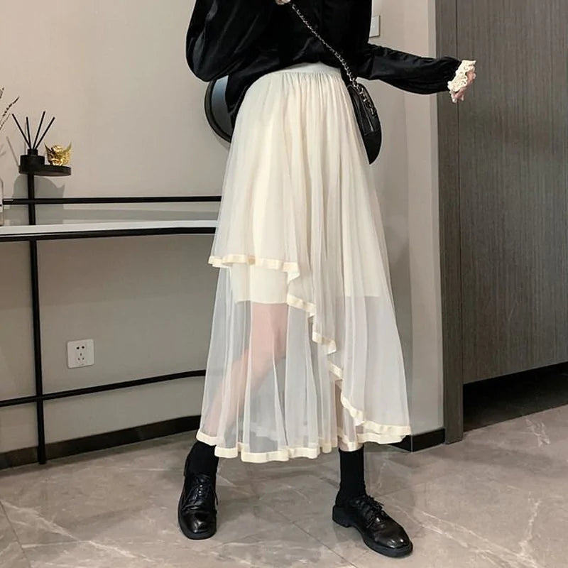Vireous Women's Asymmetrical Mesh Hipster Skirt