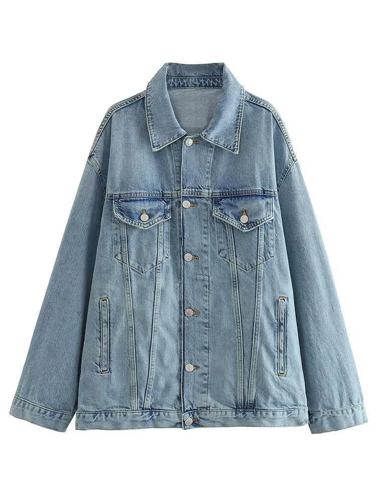 Retro Collar Women's Denim Jacket Coat Set with Pants