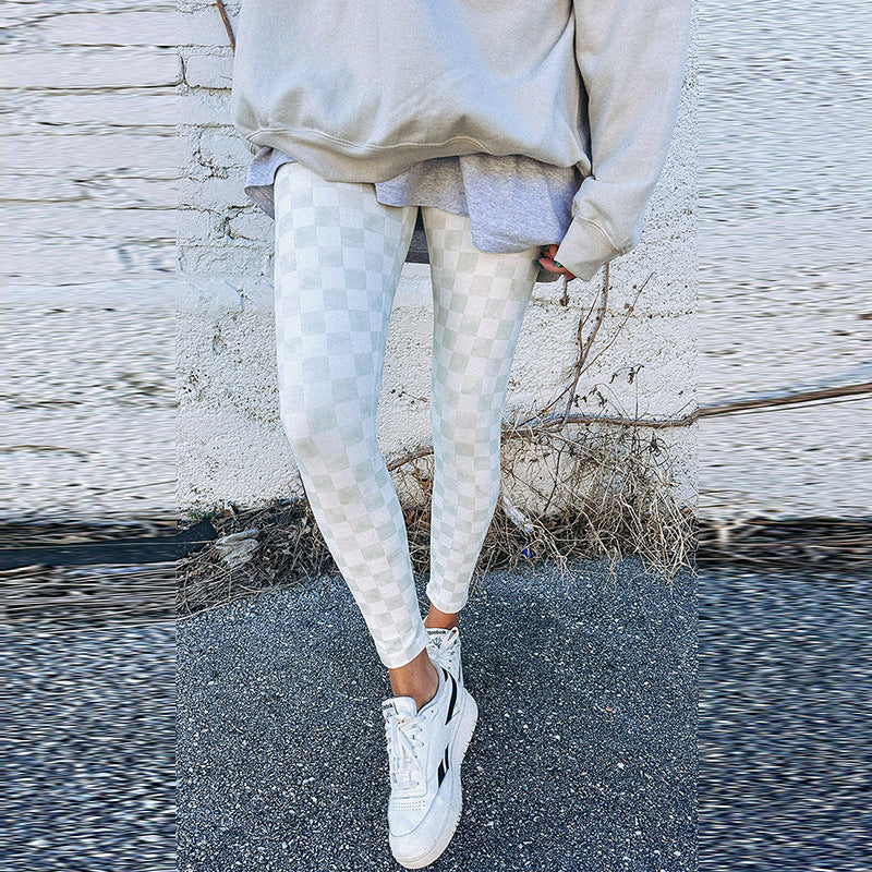 Fashion Trend Printed Black and White Checkerboard Leggings