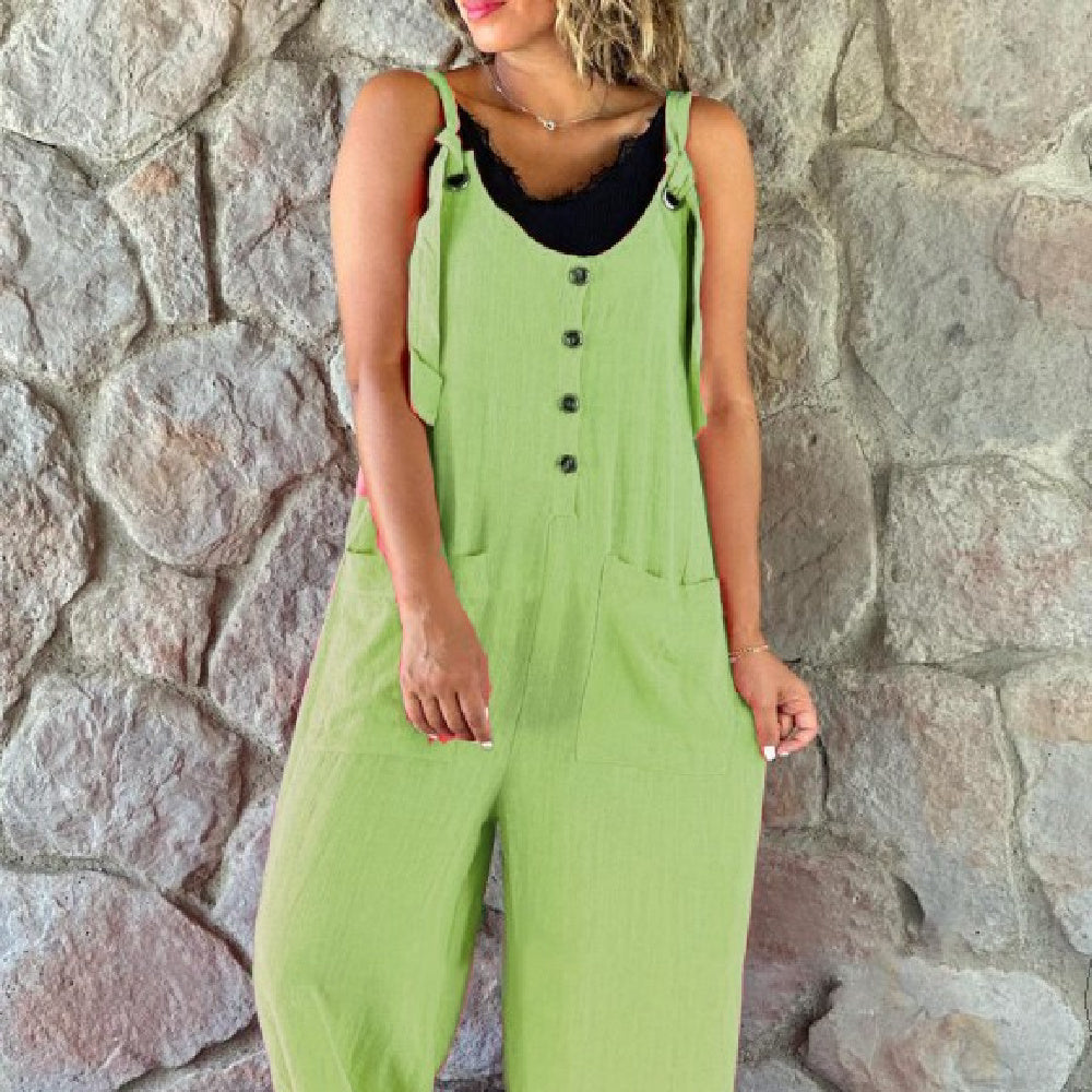 Linen Casual Button Suspender Women's Pants Suit, Plus Sizes