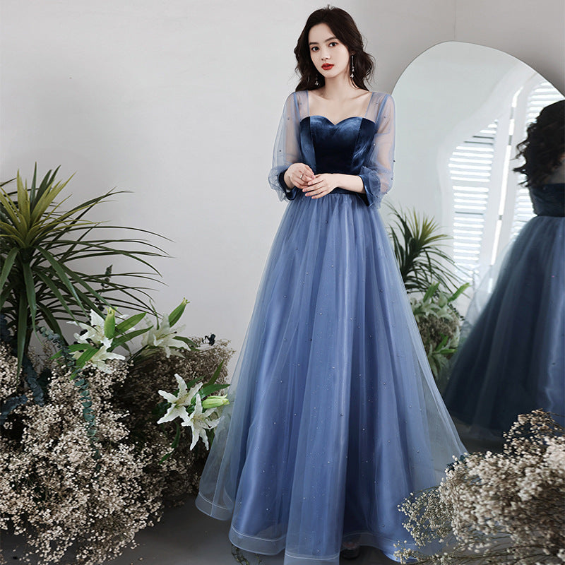 Vireous Velvet, Mesh Sleeves Long Birthday Party Dress