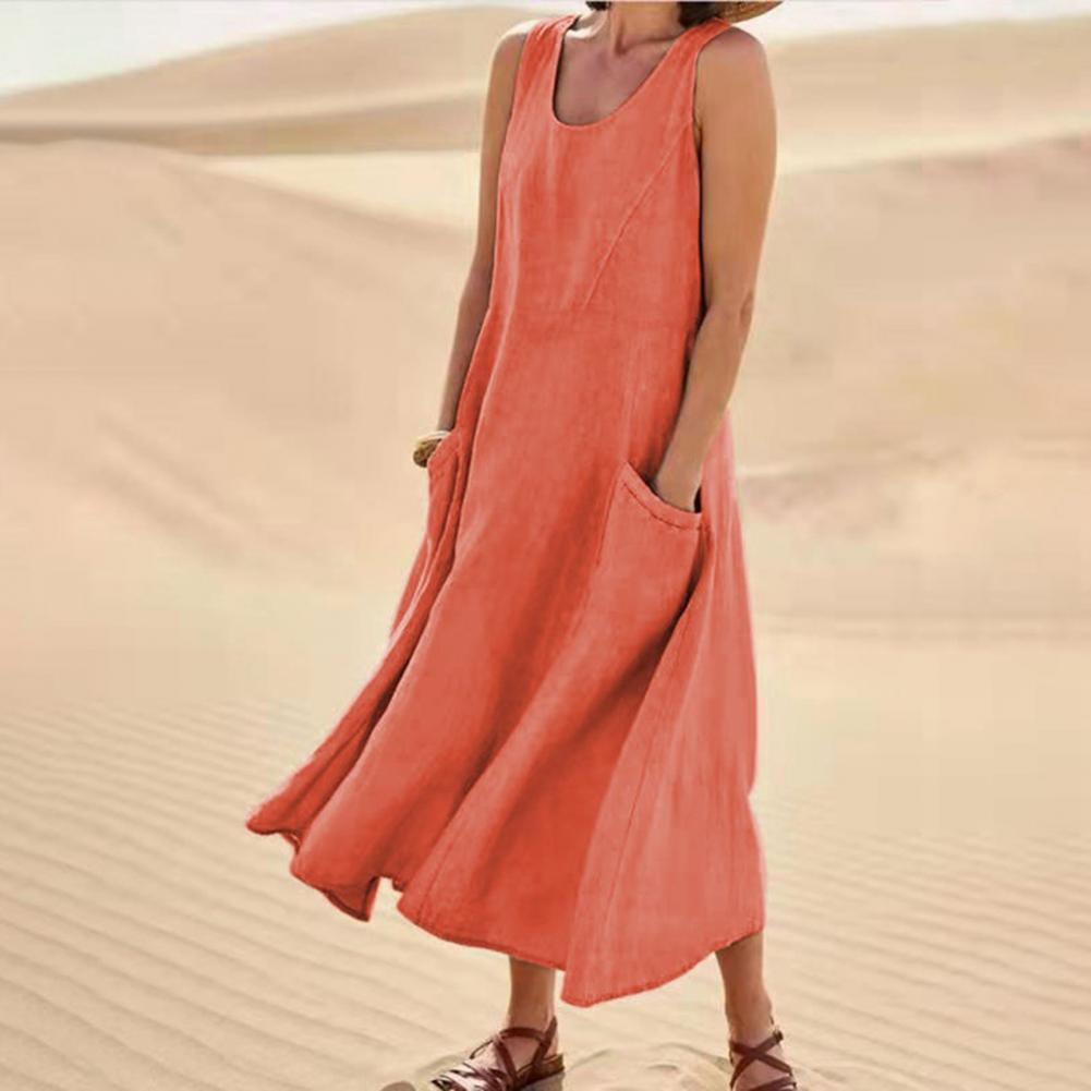 Summer Sleeveless Long Smock Dress with Pockets, Plus Sizes