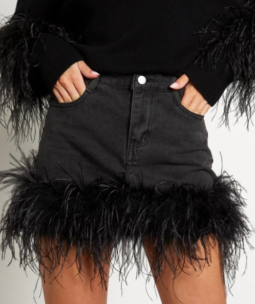 Vireous Feather Trim Black Denim Skirt