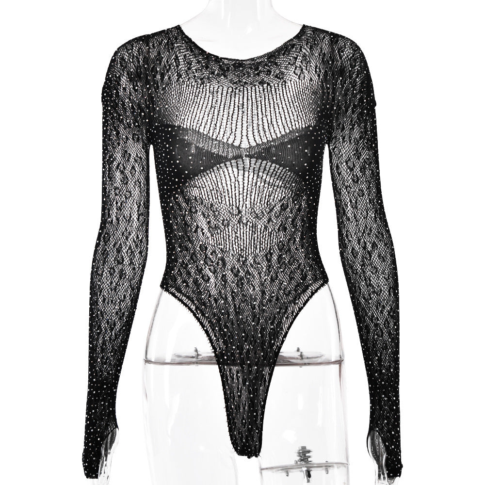Women's Jumpsuit,Tight High Elastic Knitted Sheer Long Sleeves