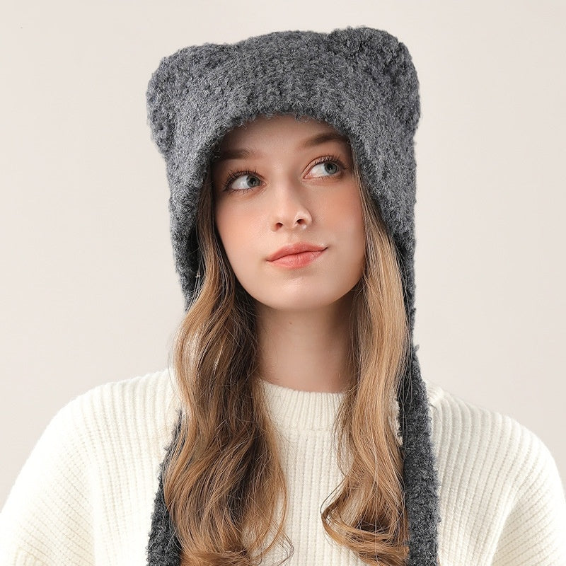 Cute Bear Ears Women's Knitted Hat with Earmuffs