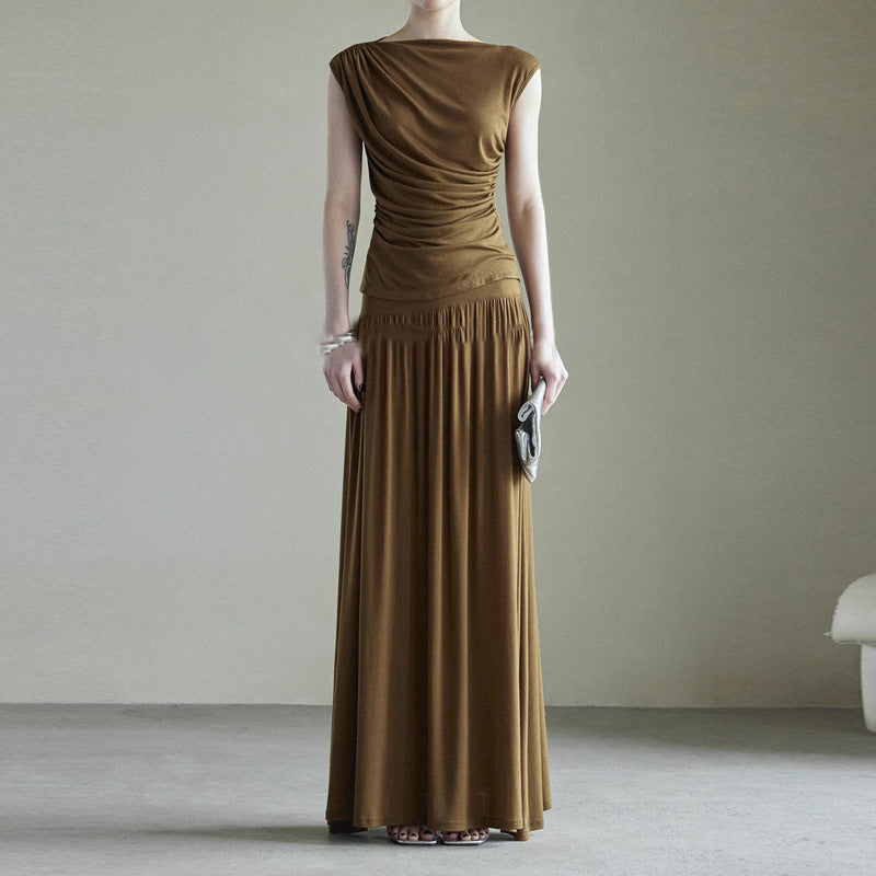 Cotton Silk Off-Neck French-Style Top and Skirt