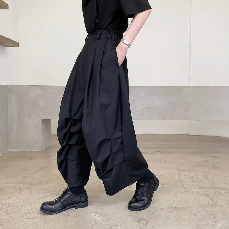 High Street Trendy, Dark Pleated Cropped Stage Wear Casual Unisex Pants