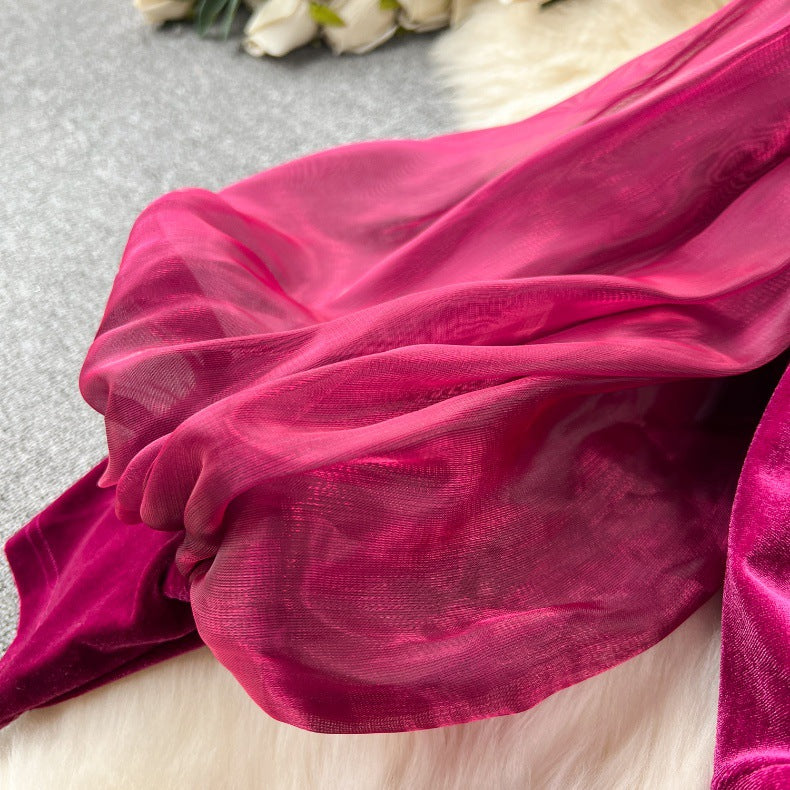 Vireous Vintage Velvet Dress, Lantern Sleeves Court-Style Midi Dress