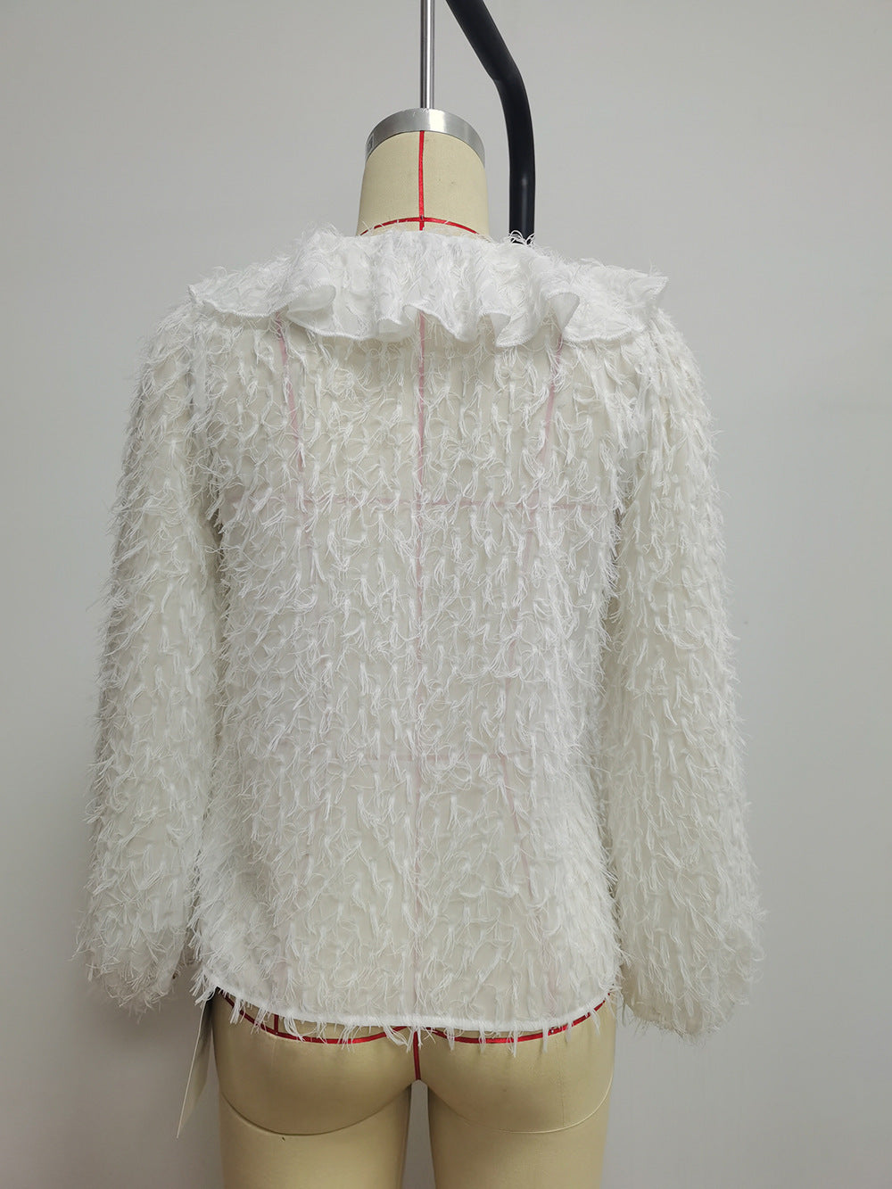 Ruffled Fringed Feather Long-Sleeve Blouse