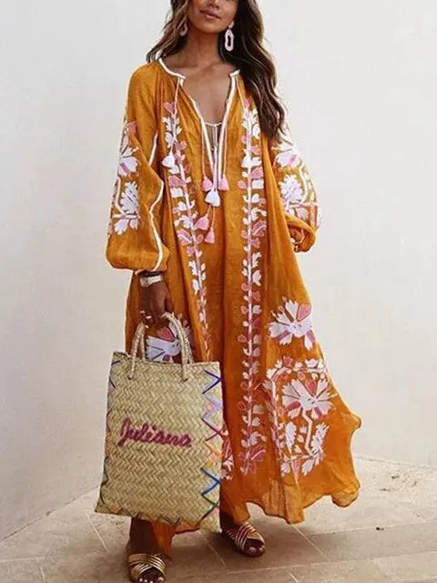 Vireous Floral Print A-Line Loose Dress, Spring and Autumn Collection