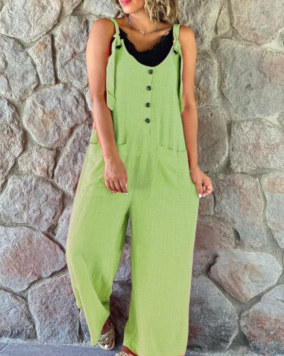 Linen Casual Button Suspender Women's Pants Suit, Plus Sizes