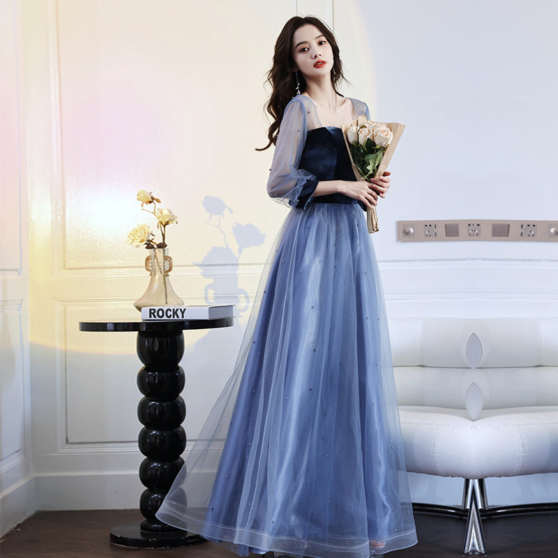 Vireous Velvet, Mesh Sleeves Long Birthday Party Dress