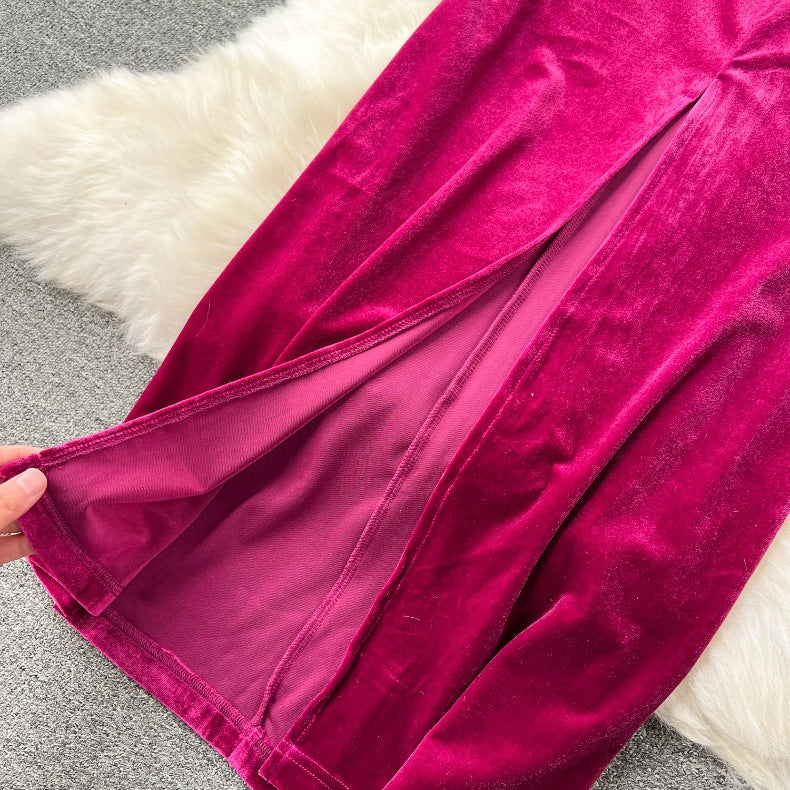 Vireous Vintage Velvet Dress, Lantern Sleeves Court-Style Midi Dress